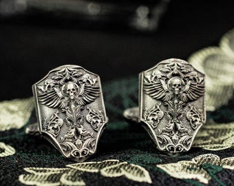 Winged Skull Shield Cufflinks - 925 Silver Handmade Gothic Armor Design