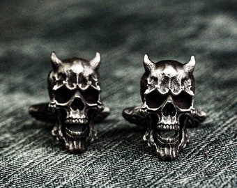925 Silver Horned Skull Cufflinks, Gothic Biker Jewelry