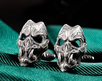 925 Silver Demon Skull Cufflinks - Handmade Gothic Horror Men’s Accessories for Suit or Gift