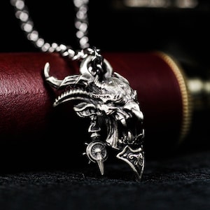 Dämonische Bestie Anhänger - 925er Silber handgefertigte Gothic Teufelskopf Halskette mit Hörnern und Fierce Details