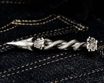 Mayan Snake Staff Tie Clip: 925 Silver Battle Spear Totem
