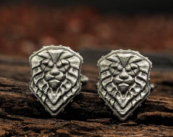 Lion Crest Shield Cufflinks - 925 Silver Handmade Medieval Knight Cuff Links