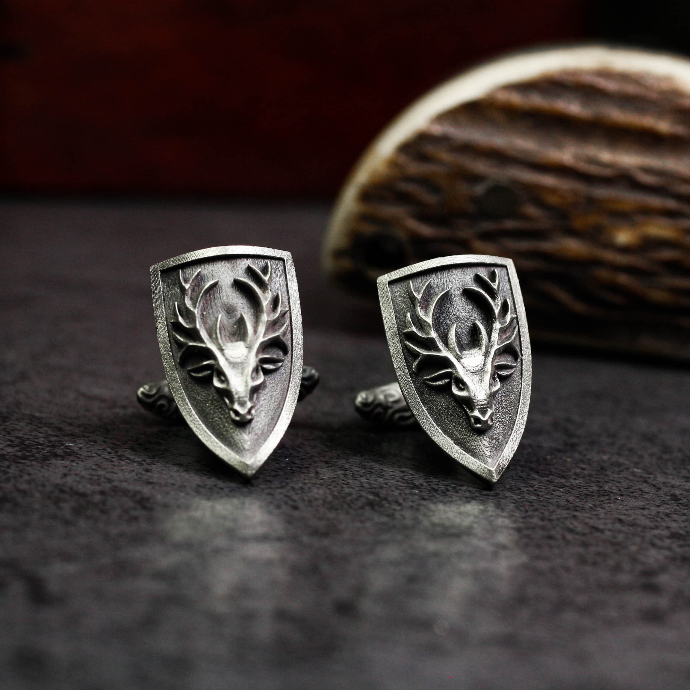 925 Silver Vintage Stag Cufflinks Mid Century Mounted Trophy Deer Head Antlers Men's Christmas Gifts
