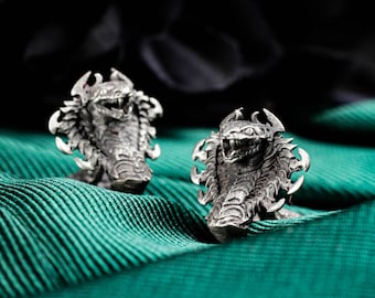 925 Silver Dragon Head Cufflinks – Gothic Fantasy Accessories