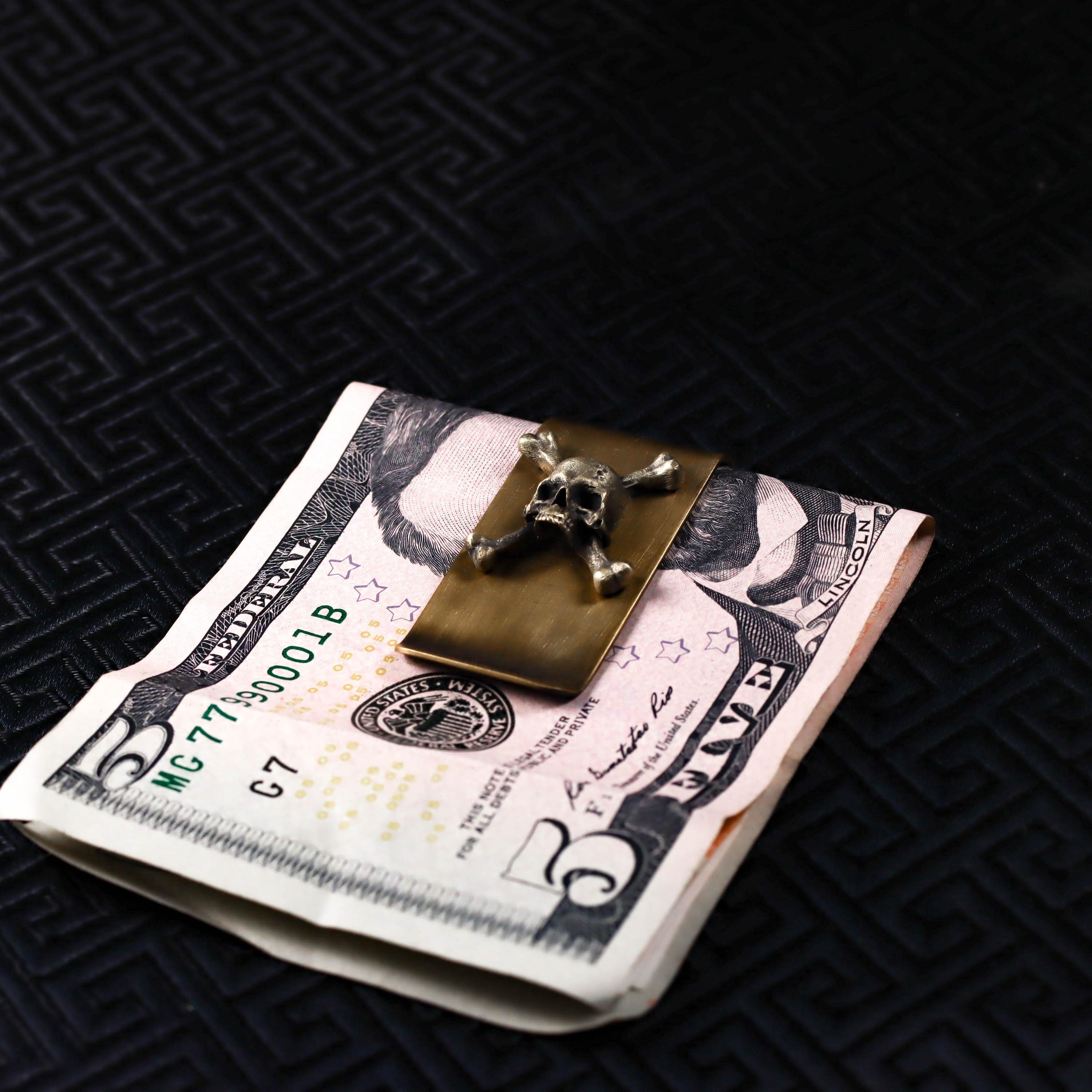 Vintage Brass Skull and Crossbones Money Clip Pirate Gothic Design Handmade Cash Holder Gift