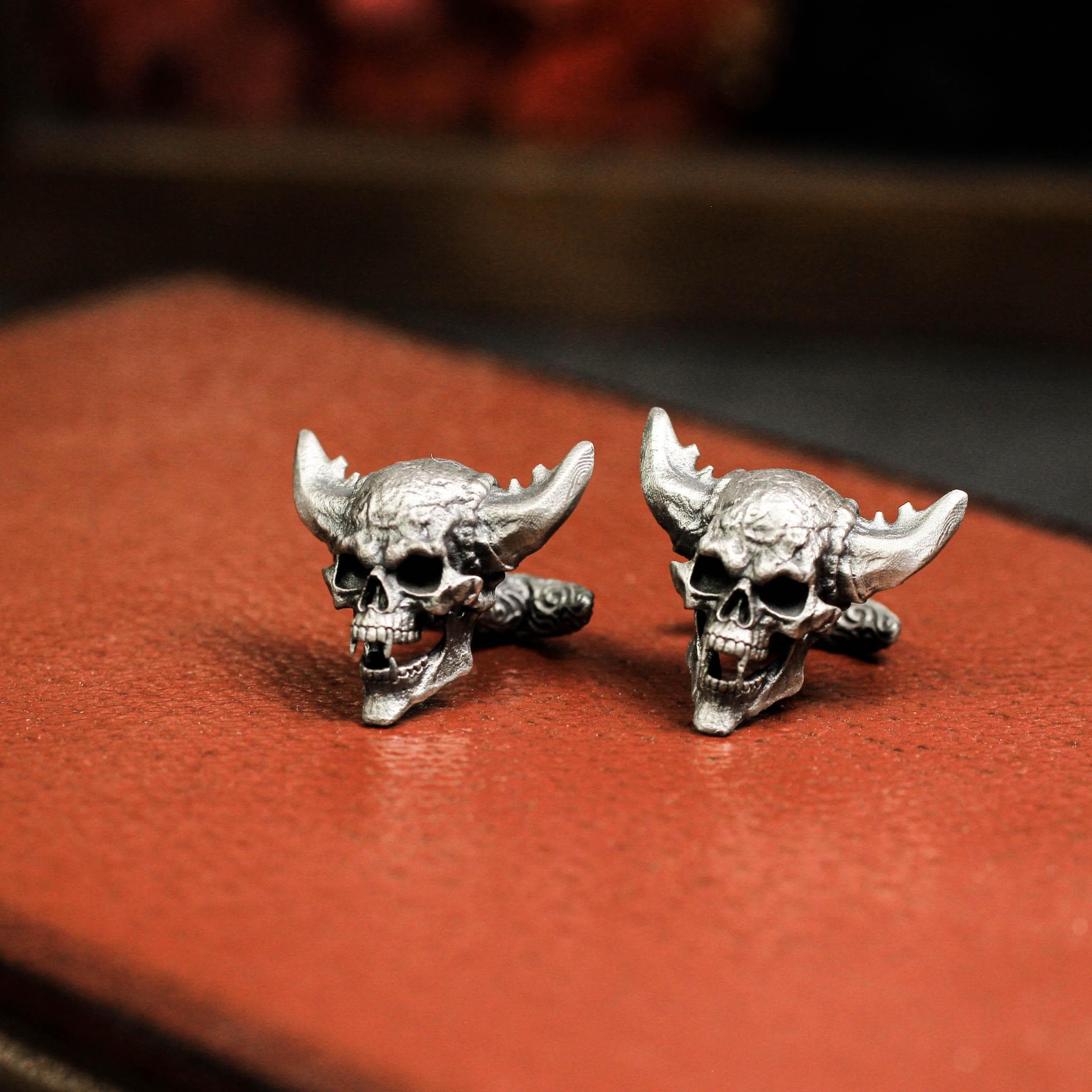 Vampire Horned Skull Cufflinks - 925 Silver Handmade Gothic Demon