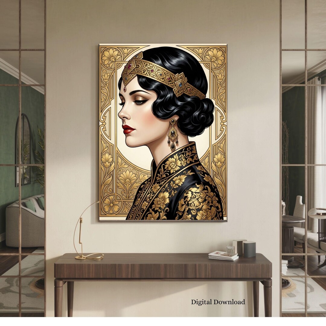 Art Deco Woman Portrait Print, Elegant 1920s Flapper Wall Art, Gold Art ...