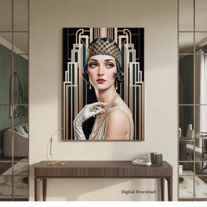 Art Deco Flapper Portrait – Pearl Society 1920s Glamour Wall Art  Vintage Flapper Poster Emerald Gold Deco Print Roaring Twenties Printable