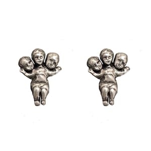 Three Headed Baby Stud Earrings    studs posts dolll silver jewelry miniature tiny