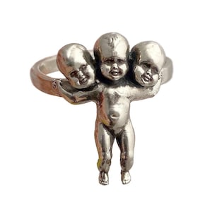 Three Headed Baby Ring         silver gold odd oddity 3