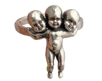 Three Headed Baby Ring         silver gold odd oddity 3