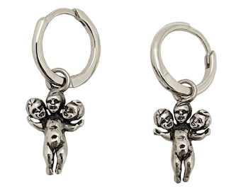 Three Headed Baby Hoop Earrings   tiny  huggies silver sterling  clicker gold