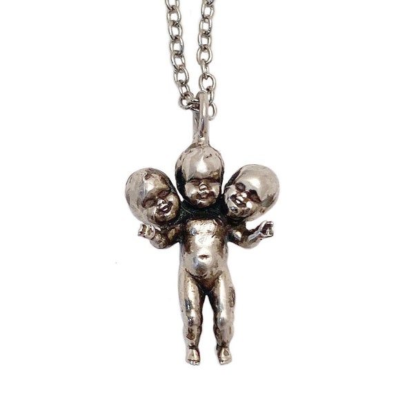 Baby Doll Necklace with Three Heads             silver gold jewelry oddity