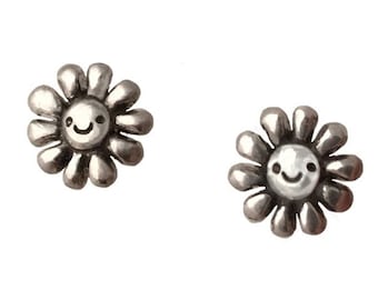 Happy Flower Stud Earrings      silver gold smiling jewelry