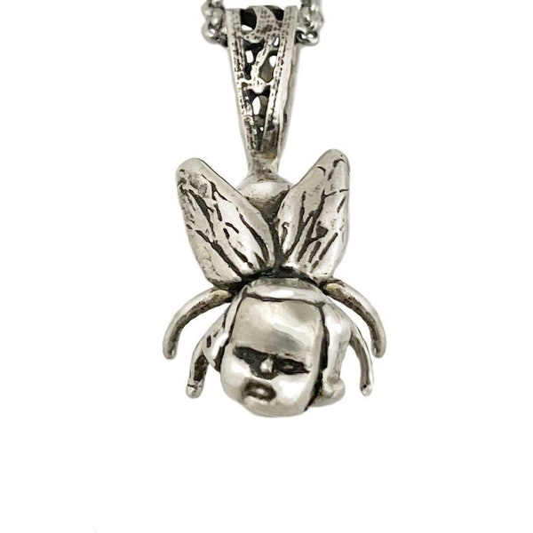 Fly Girl Necklace        silver doll head jewelry insect