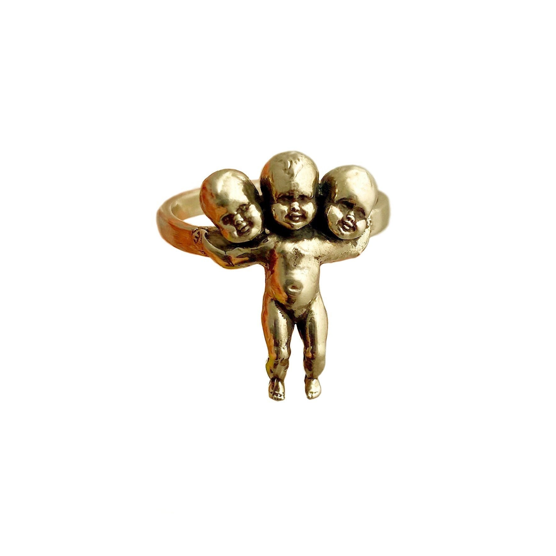 Three Headed Baby Ring     gold silver odd oddity 3