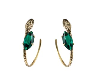 Snake Hoop Earrings      emerald serpent gold silver marquise crystal stone