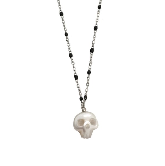 Pearl Skull Necklace Black Enamel 