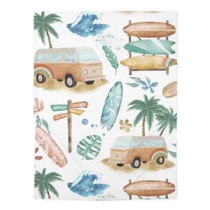 Surf Motif Baby Swaddle Blanket, Soft Jersey Polyester, Beach Nursery Decor, Surf Van