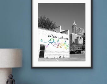 Raleigh NC Photography Print, "All Are Welcome" Mural, Downtown Home Decor - Color or Black & White Art Print or Note Cards