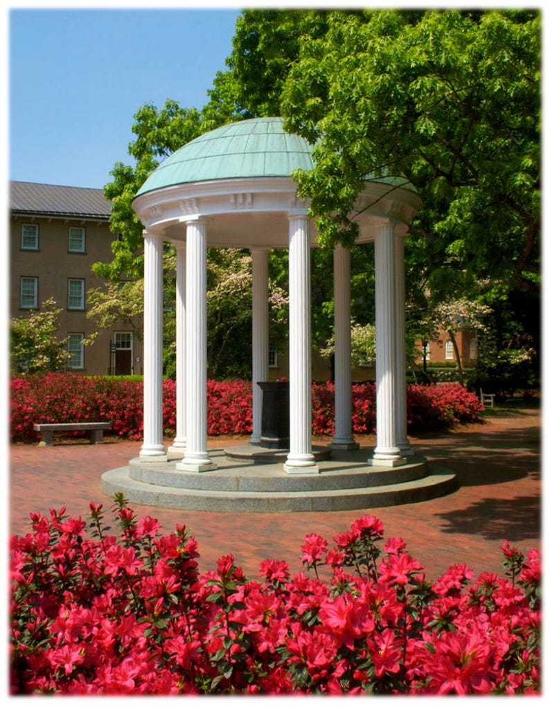 May include: A white, classical-style gazebo with a green dome roof and multiple white columns. The gazebo is surrounded by vibrant red flowers and lush green trees. A brick pathway and a building are visible in the background.
