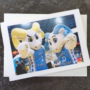 Puede incluir: Dos mascotas blancas que llevan camisetas azules y blancas con el texto "North Carolina" en ellas. Las mascotas son ambas carneros con cuernos azules y amarillos. La mascota de la izquierda est&aacute; apuntando con su mano derecha. La mascota de la derecha est&aacute; sonriendo y tiene su mano izquierda en el hombro de la mascota de la izquierda.