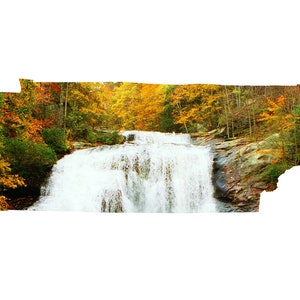 May include: A scenic image of a waterfall cascading down a rocky cliff, surrounded by vibrant fall foliage in the shape of the state of Tennessee.