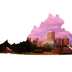 VA Shape - Richmond Skyline Sunset - Virginia Photography Home Decor Fine Art Print or Note Cards