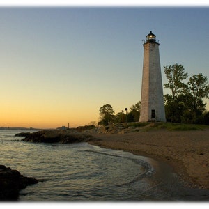 New Haven Lighthouse at Sunset, Connecticut Photography - Coastal, Beach, Nautical Home Decor Fine Art Print or Note Cards