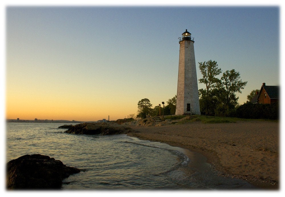 New Haven Lighthouse at Sunset, Connecticut Photography Coastal, Beach