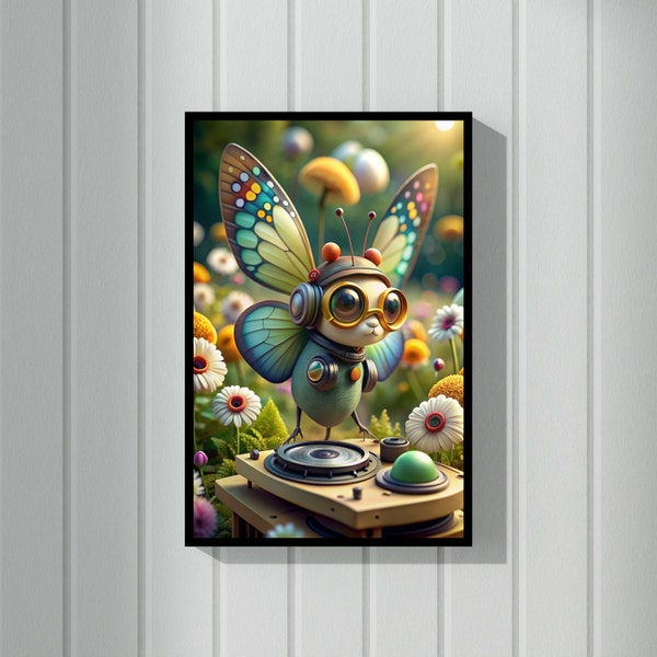 Flutter the Butterfly DJ | Enchanting Digital Art Print | Whimsical Garden Party