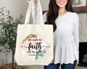 Loop door geloof, niet door zicht tas Bijbelvers 2 Korintiërs Canvas Tote Bag Christelijke tas schattige tas voor vrouwen tas voor tieners geloof gebaseerde tas