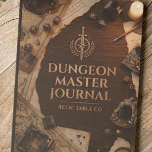 以下が含まれることがあります： 「Dungeon Master Journal」のノート。茶色の表紙には剣と盾のエンブレム、地図、そして「Dungeon Master Journal」の文字が描かれています。鉛筆、ペン、小さなろうそくが、木製の表面にあるジャーナルの隣にあります。