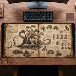 May include: A large, rectangular desk mat featuring an open book illustration of a hydra. The artwork is detailed with sketches and text, set against a parchment-like background. A keyboard and monitor are visible above the mat.