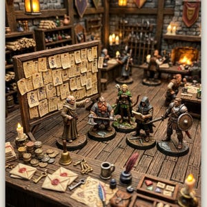 Plakat na tablicę ogłoszeń Gildii Poszukiwaczy Przygód, grafika ścienna do sali Gildii Fantasy, dekoracja do pokoju gier RPG, wydruk tablicy zadań, prezent dla Mistrza Gry
