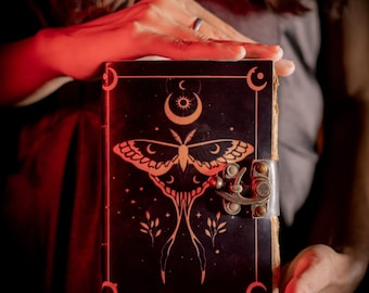 Luna Moth Leather Journal | Engraved Book of Shadows, Deckle Edge Paper