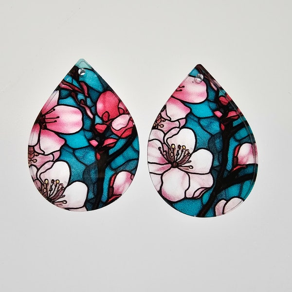 Cherry Blossom Stained Glass Teardrop Earring Findings, Lightweight Acrylic, Large and Small Sizes