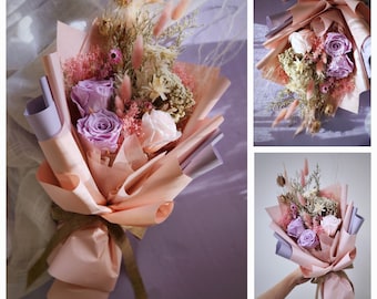 Dried Flower Bouquet, Dry Floral Arrangement, Purple, Pink, Yellow, Lavender, Eucalyptus, Gypsophila, Colorful Handmade Beautiful Bouquet