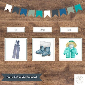 May include: Watercolor illustrations of winter clothing items: blue snow pants, blue winter boots with white faux fur trim, and a turquoise winter coat with a fur-lined hood. The image includes a banner of blue, white, and green pennants and text that reads "Cards & Checklist Included."