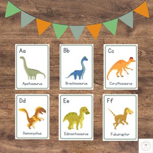 Tarjetas didácticas con el alfabeto de los dinosaurios / Nombres de los dinosaurios de la A a la Z / Reconocimiento de letras y fonética / Actividad de aprendizaje para preescolar y jardín de infantes