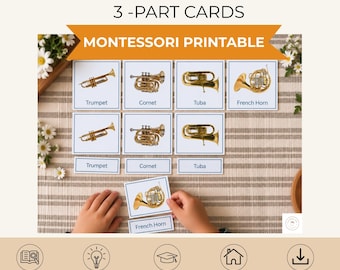 Può includere: Un set di carte didattiche stampabili in tre parti intitolato BRASS INSTRUMENTS 3-PART CARDS MONTESSORI PRINTABLE. Le carte presentano illustrazioni di tromba, cornetta, tuba e corno con le relative etichette in blu su sfondo bianco.