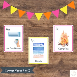 Tarjetas de vocabulario del alfabeto de verano / Tarjetas fonéticas ABC / Reconocimiento de letras imprimible / Vocabulario de verano