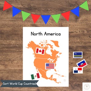 May include: A white poster with the words "North America" and an orange map of North America with flags of Canada, the United States, and Mexico. Additional flags are scattered around the poster. A banner at the bottom reads "Sort World Cup Countries!"