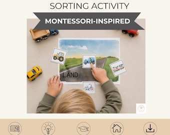 May include: Transportation sorting activity with the text TRANSPORTATION SORTING ACTIVITY MONTESSORI-INSPIRED. Includes a printed landscape scene labeled LAND, square cards featuring a tractor, cement mixer, train, and bicycle, and toy vehicles.