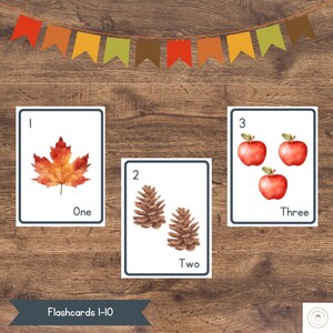 May include: Flashcards with numbers 1 through 3. The number 1 card has a single orange and red maple leaf. The number 2 card has two brown pine cones. The number 3 card has three red apples.