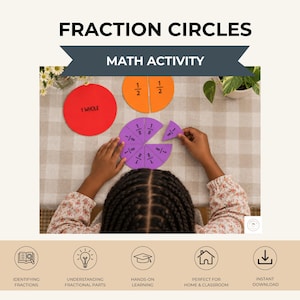 May include: Fraction circles math activity with text reading FRACTION CIRCLES and MATH ACTIVITY. Includes a red circle labeled 1 WHOLE, an orange circle divided into two 1/2 pieces, and a purple circle divided into eight 1/8 pieces.