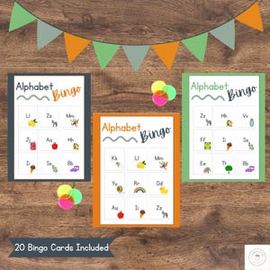 Juego de bingo del alfabeto: reconocimiento de letras mayúsculas y minúsculas con imágenes – Actividad del centro de alfabetización en el aula