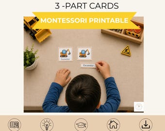 May include: Construction site 3-part cards featuring an excavator illustration and the word Excavator printed below. The printable set includes a square card with the image and label, a square card with the image, and a rectangular label card.