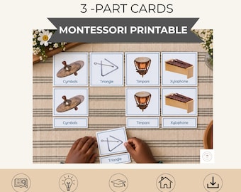 Può includere: Un set di carte in tre parti sugli strumenti a percussione con immagini ed etichette per piatti, triangolo, timpani e xilofono. Il testo PERCUSSION INSTRUMENTS 3-PART CARDS MONTESSORI PRINTABLE è visualizzato nella parte superiore.