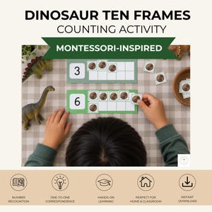 May include: Dinosaur ten frames counting activity with the text DINOSAUR TEN FRAMES COUNTING ACTIVITY MONTESSORI-INSPIRED. Includes green rectangular cards with numbers 3 and 6, small square dinosaur egg tokens, and plastic dinosaur figures.